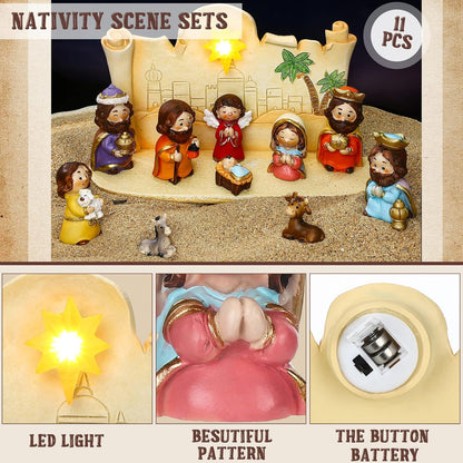 Skiennix Mini Christmas Nativity Set - 11 Colorful Figurines with Light | Rearrangeable Manger Decor
