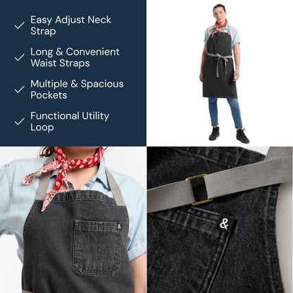 hedley & bennett Essential Apron - Professional Chef Apron with Pockets - Kitchen Apron for Men - Grilling Apron - Chef Aprons for Men - Apron for Women - 8oz 100% Cotton Denim Fabric - Oyster Grey