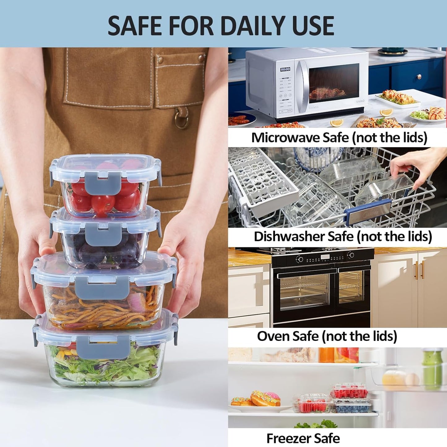 Regine Switzerland Glass Food Storage Containers - Airtight & Leak Proof, 4 Pack, BPA Free, Grey