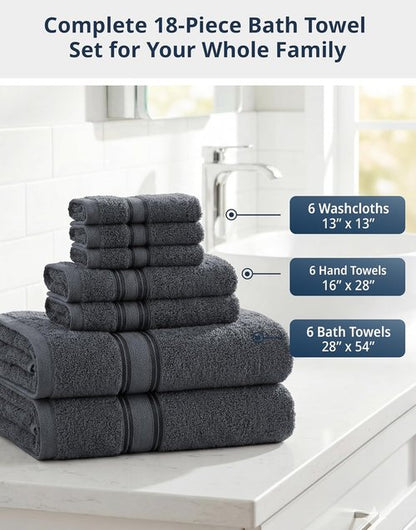 LANE LINEN 100% Mercerized Cotton Bath Towels Set - 18 Soft Towels for Spa & Home | Durable, Zero Twist, Cool Grey