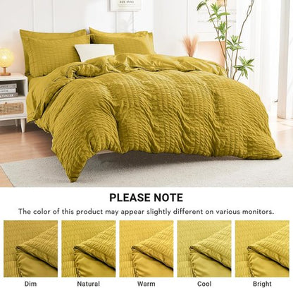 HYMOKEGE Twin XL Comforter Set - Mustard Yellow Seersucker 5-Piece Luxury Bedding Set