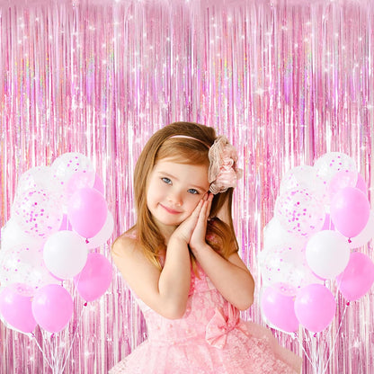 Skiennix Shiny Pink Tinsel Foil Fringe Curtains - 2 Pack Party Backdrop for Birthdays & Showers