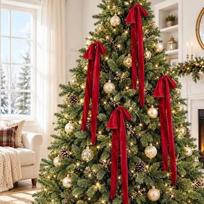 Giant Burgundy Velvet Christmas Bow Ornaments Set of 4 with Long Tails