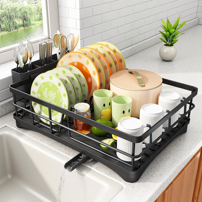 SAYZH Dish Drying Rack - Large-Capacity Rust Resistant Kitchen Drainer with Drainboard & Rotating Spout | Black