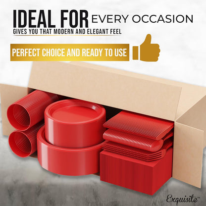Regine Switzerland 350 Pcs Red Plastic Plates Set - Complete Disposable Dinnerware for Parties | 9" & 7" Plates, Cups, Napkins & Cutlery