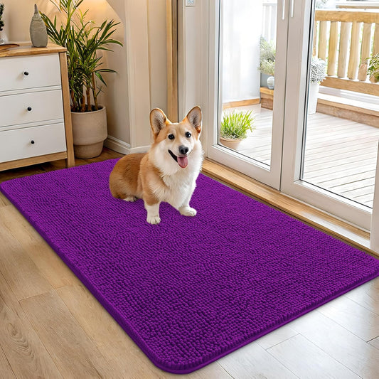 OLANLY Dog Door Mat - Absorbent Non-Slip Chenille Mat for Muddy Paws | 45x27 Inches, Purple