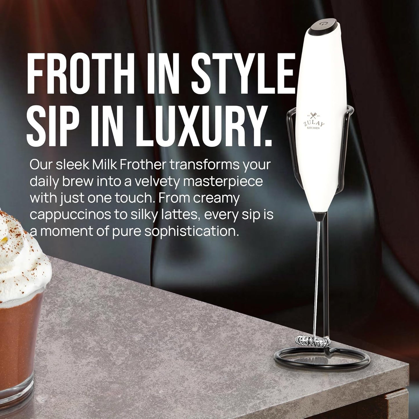 Zulay Kitchen Milk Frother - Luxury Handheld Electric Foam Maker for Coffee & Lattes | Deluxe Finish, Gift-Ready