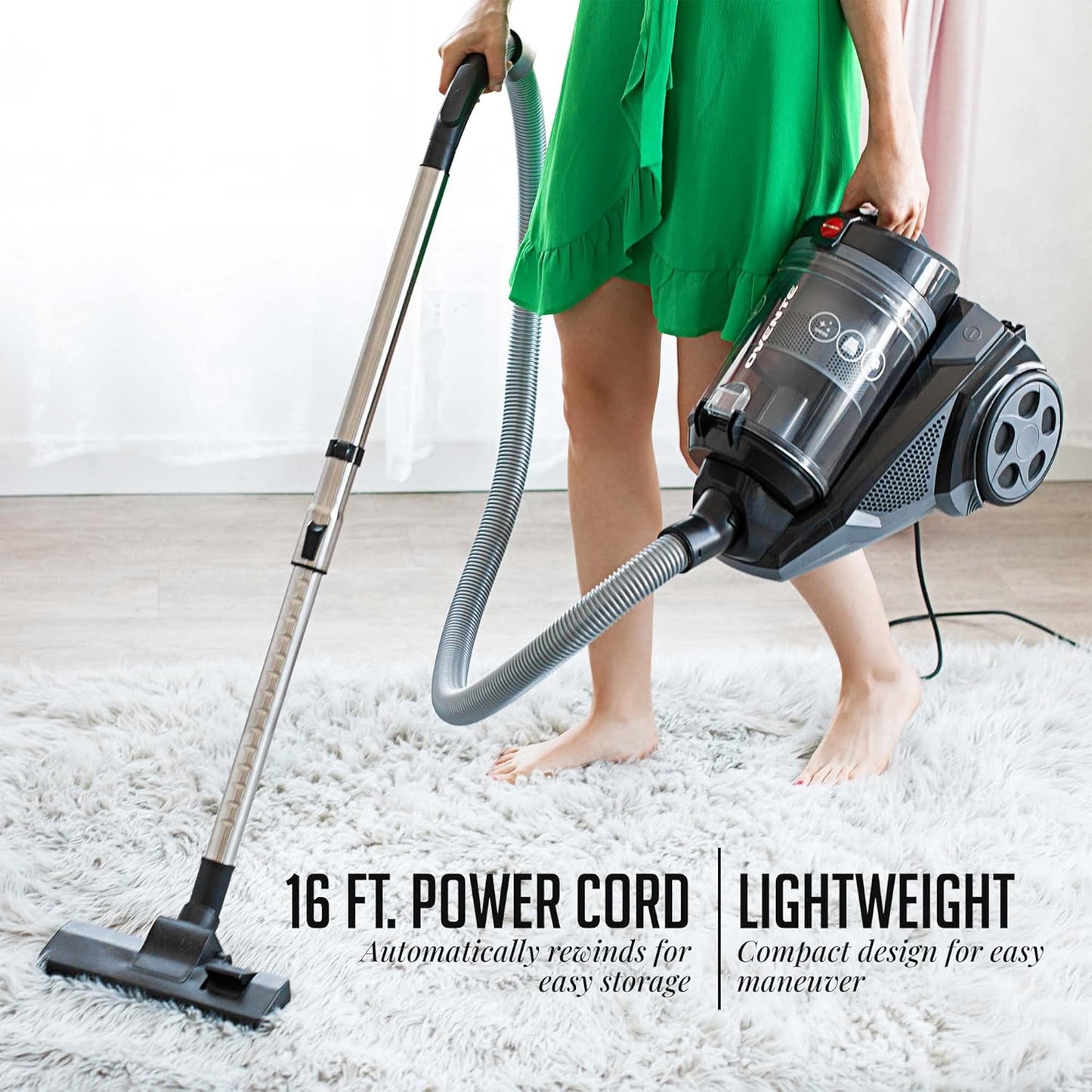 OVENTE Bagless Canister Vacuum Cleaner - Powerful 1400W Suction, 3L Dust Cup, Lightweight Design | Black