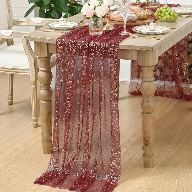 Artoid Mode Burgundy Gold Gauze Table Runner 120 Inch - 28 x 120 in, Glitter Foil