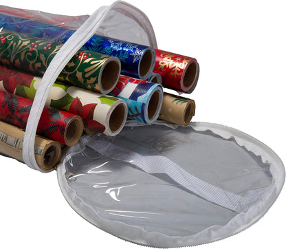 Simplify Clear Gift Wrap Storage Bag - Holds 30" Long Wrapping Paper Rolls | Zipper Closure | Easy Carry Hangers | Red