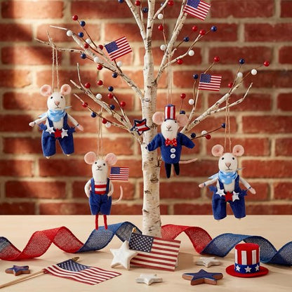 Hahafelt 4 Pcs 4th of July Felt Mice Ornaments - Cute Patriotic Wool Mouse Set | Handmade Red, Blue & White Decor (3.94 Inch)