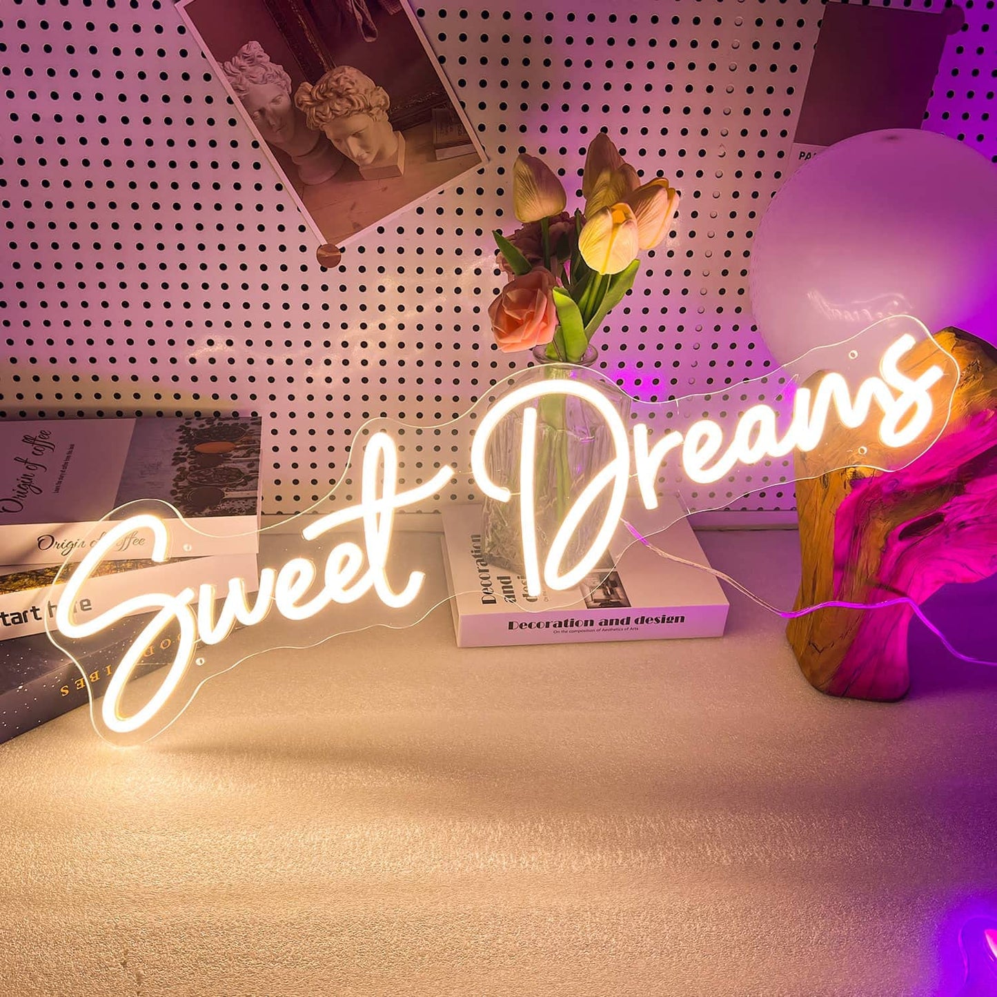 Sweet Dreams Neon Sign Wall Art Decor - 25"x6.4" Sweet Dreams Farmhouse Signs for Hanging Above Bed Wall Decor for Bedroom (Warm White)