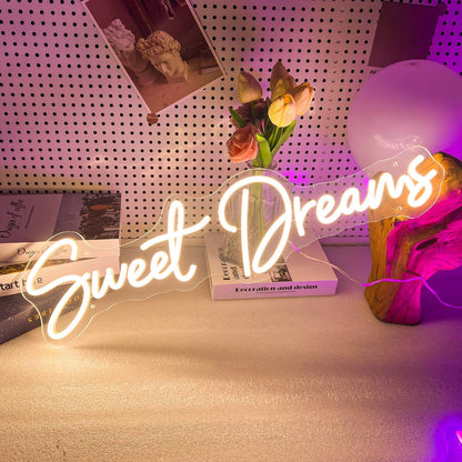 Sweet Dreams Neon Sign Wall Art Decor - 25"x6.4" Sweet Dreams Farmhouse Signs for Hanging Above Bed Wall Decor for Bedroom (Warm White)