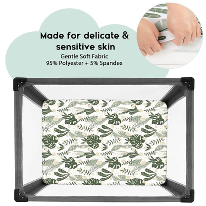 Yoofoss Fitted Pack and Play Sheets - Soft, Breathable Mini Crib Sheets 2-Pack (Green & Banana Leaves)