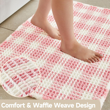 TYUU Waffle Runner Rug Bathroom, Long Boho Bathroom Rugs Non Slip Washable Absorbent Checkered Bathroom Mat Quick Dry Cute Bath Mat, 72"x24" Pink and White