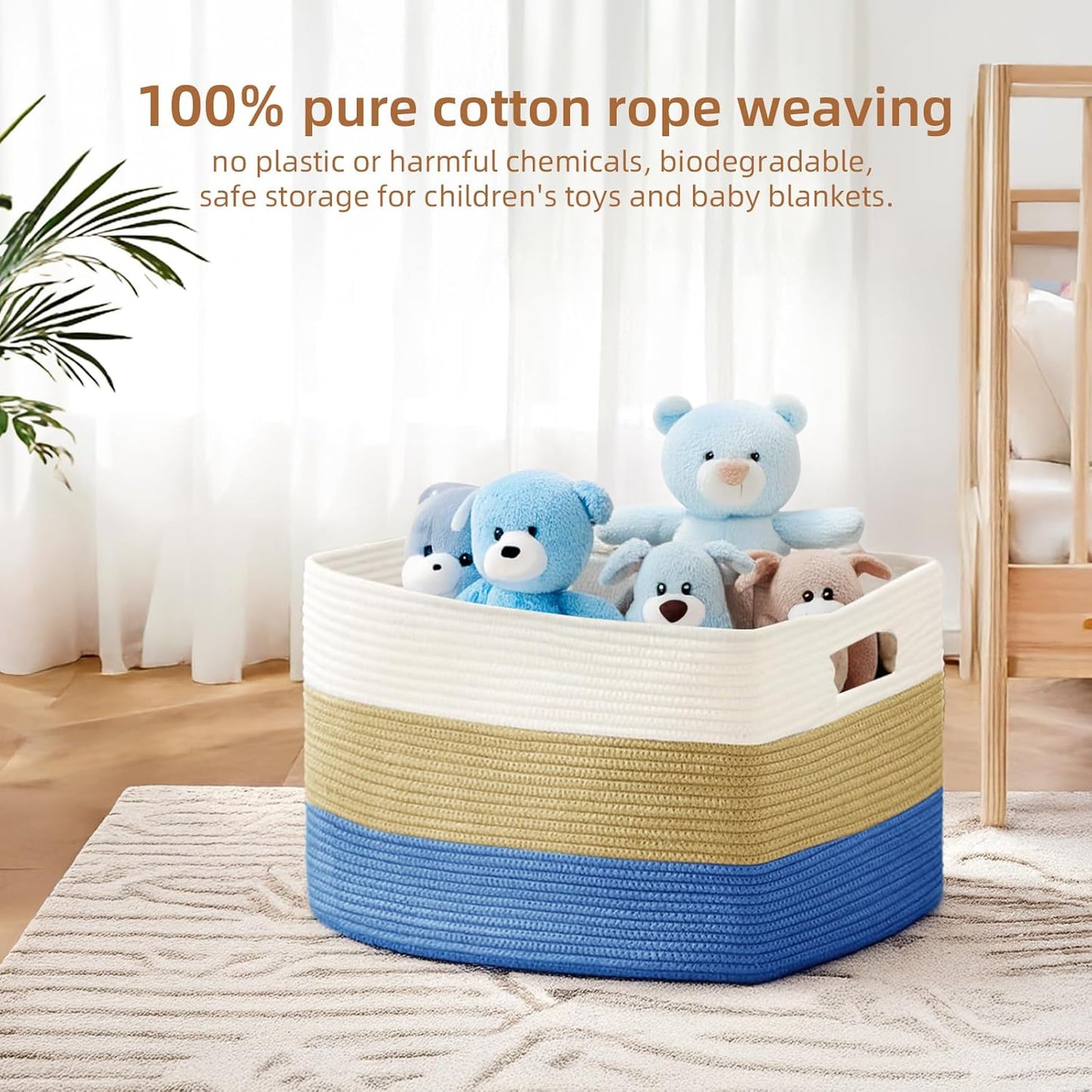 Skiennix Cotton Rope Basket - Large 72L Woven Storage for Blankets, Laundry, Toys | White & Dark Blue
