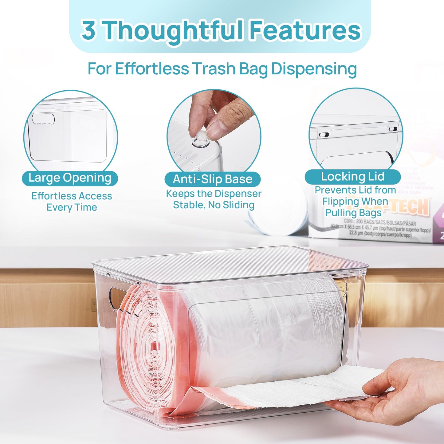Vtopmart 1 Pack Trash Bag Holder, Stackable Garbage Bag Dispenser for 13/30/33 Gallon Bags, Onion and Potato Storage Bins for Kitchen, Clear Organizer Bins for Under Sink, Laundry Room