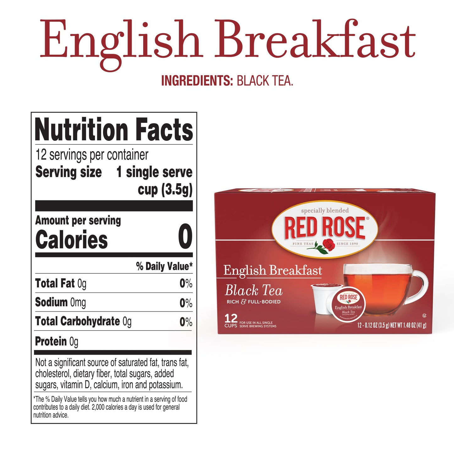 Red Rose English Breakfast Tea - 12 Single Serve Cups (1 Box)