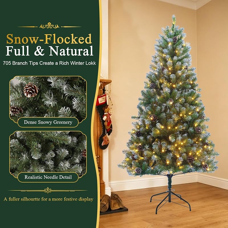 6ft Pre-Lit Artificial Christmas Tree with 250 Warm White Lights, 705 Snow-Dusted Tips & 51 Pine Cones