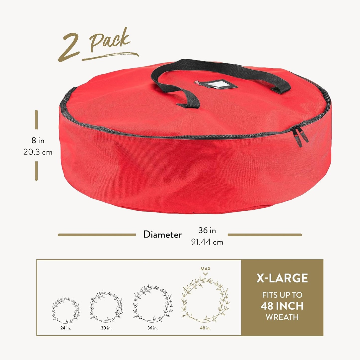 ZOBER Oxford Christmas Wreath Storage Container - 48 Inch Waterproof Wreath Bag with Dual Zippers & Strong Handles - Red
