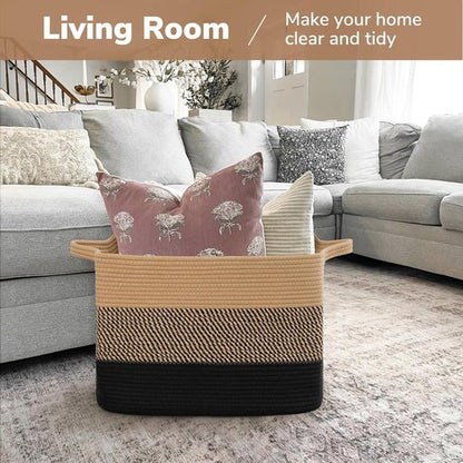 Goodpick Large Woven Basket - 18" x 14" x 12" Cotton Rope Storage for Organizing | Black & Jute