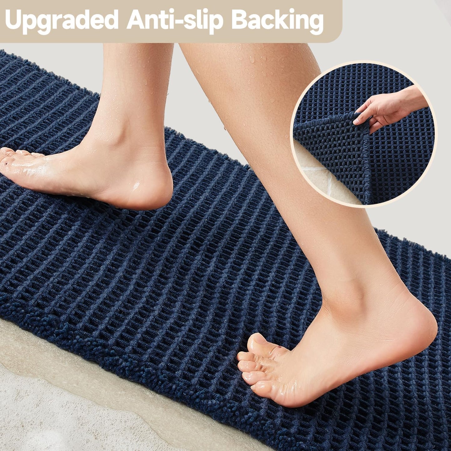 TYUU Waffle Bath Mat, Boho Bathroom Rugs Non Slip Washable Super Absorbent Quick Dry Bath Mat Farmhouse Bathroom Decor, 24"x16" Navy Blue