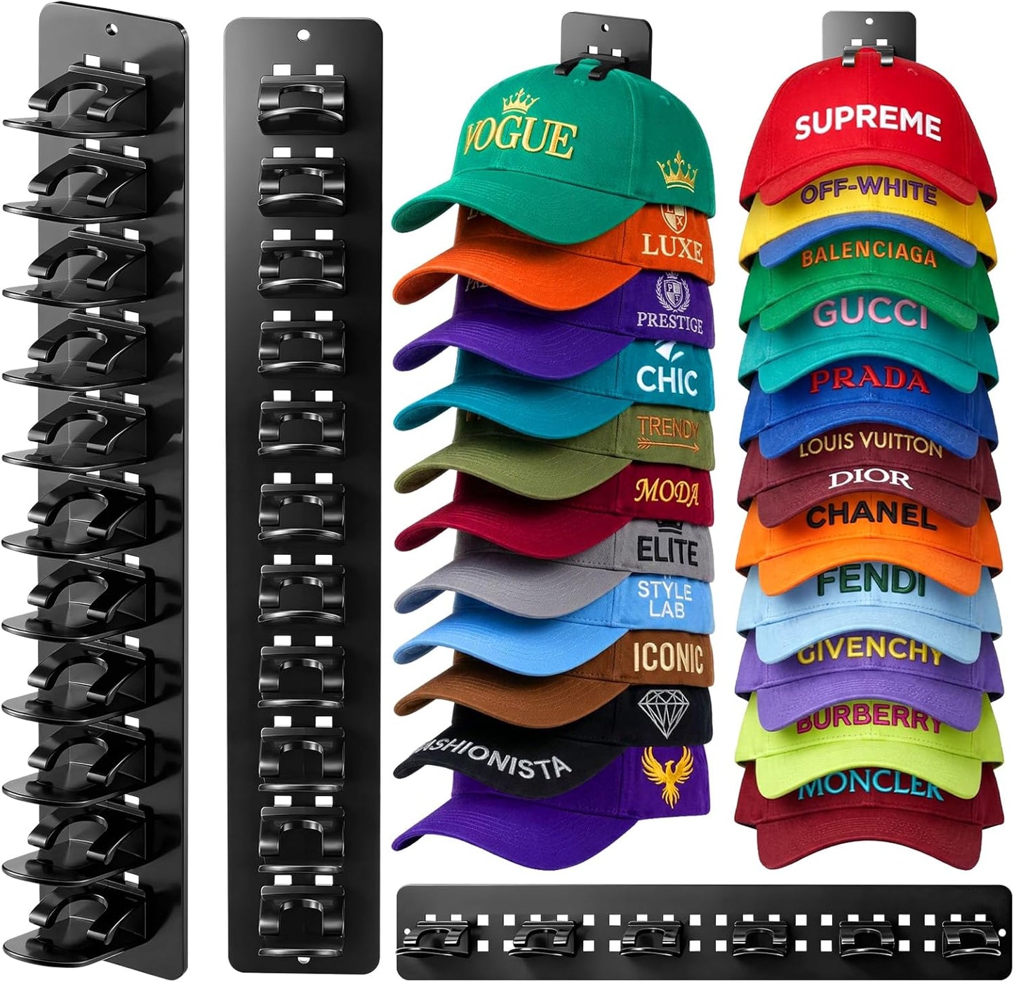 Skiennix Hat Hook Organizer - 2 Pack Baseball Cap Hanger with Strong Adhesive | Multilayer Storage for 20 Caps - Black