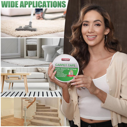 YYXLIFE Double-Sided Rug Tape | Strong Adhesive for Hardwood Floors - Non-Slip, No Residue, 2" x 10 Yards, White