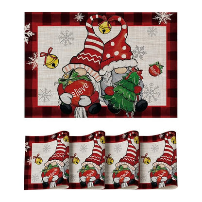 Gnomes Red Buffalo Plaid Christmas Placemats Set of 4, 12 x 18 in, Washable Vinyl