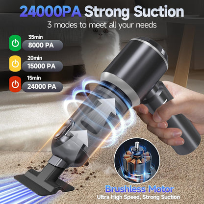 Skiennix Portable Cordless Car Vacuum - 24000PA High Power Suction, Mini Handheld Cleaner | Rechargeable & One-Touch Empty