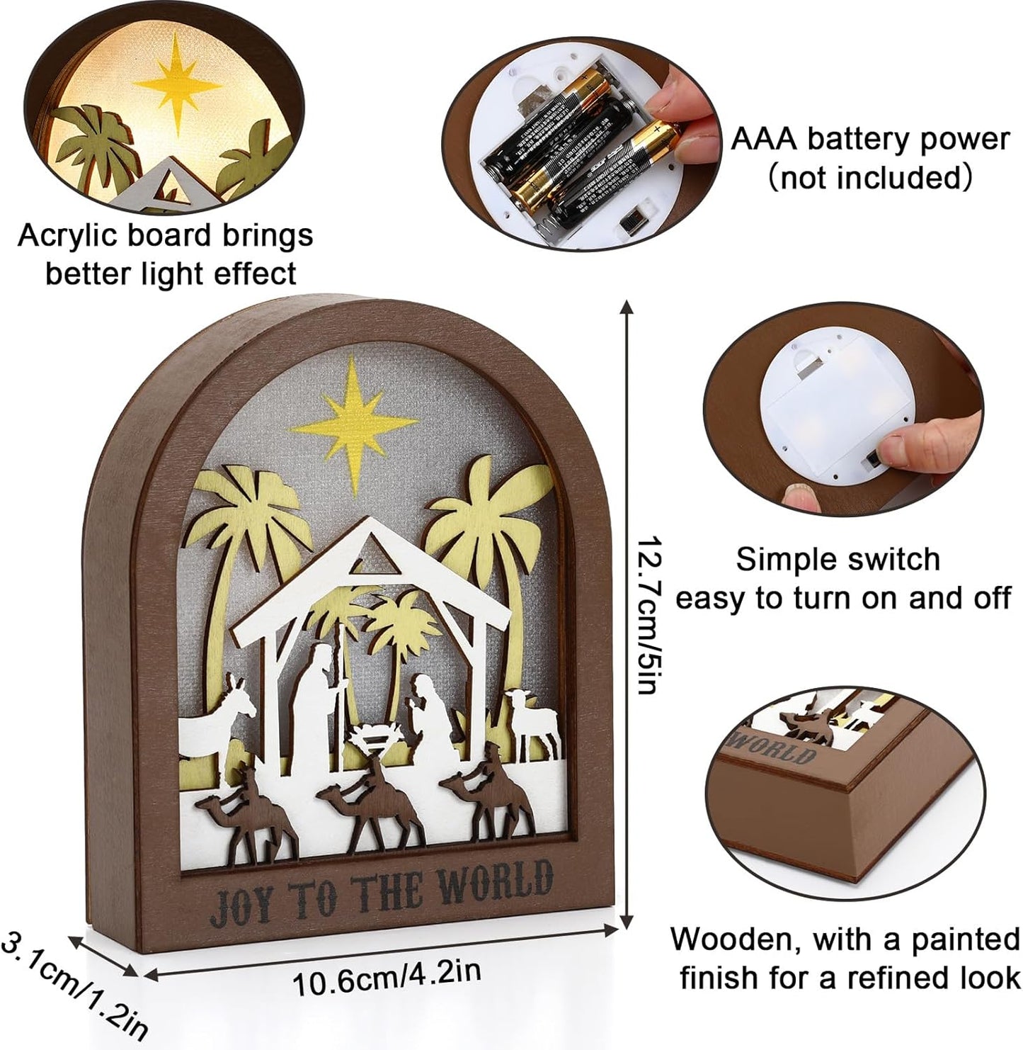 Wooden Nativity Scene - LED Christmas Decor with Acrylic Back Panel | Battery-Powered Tabletop Ornament