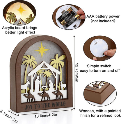 Wooden Nativity Scene - LED Christmas Decor with Acrylic Back Panel | Battery-Powered Tabletop Ornament