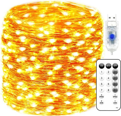Fairy Lights 66FT 200 LED USB Twinkle Lights - Remote & Timer, Waterproof Copper Wire for Bedroom & Party Decor (Warm White)
