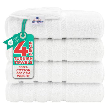 American Soft Linen Luxury 4 Piece Bath Towel Set, 600 GSM 100% Cotton Turkish Bath Towels for Bathroom, 27x54 in Extra Large Bathroom Shower Towels, White