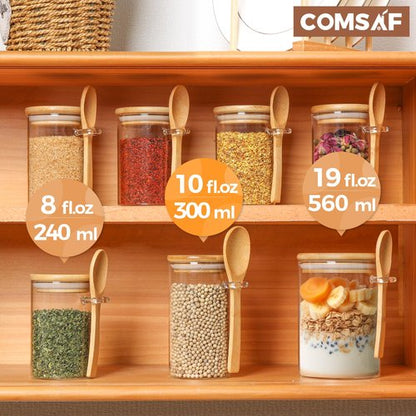 ComSaf 12 Pcs Glass Spice Jars with Labels and Spoons, 10oz Spice Containers with Bamboo Lids, Glass Storage Containers with 275 Labels for Seasonings, Salt, Loose Leaf Tea Storage
