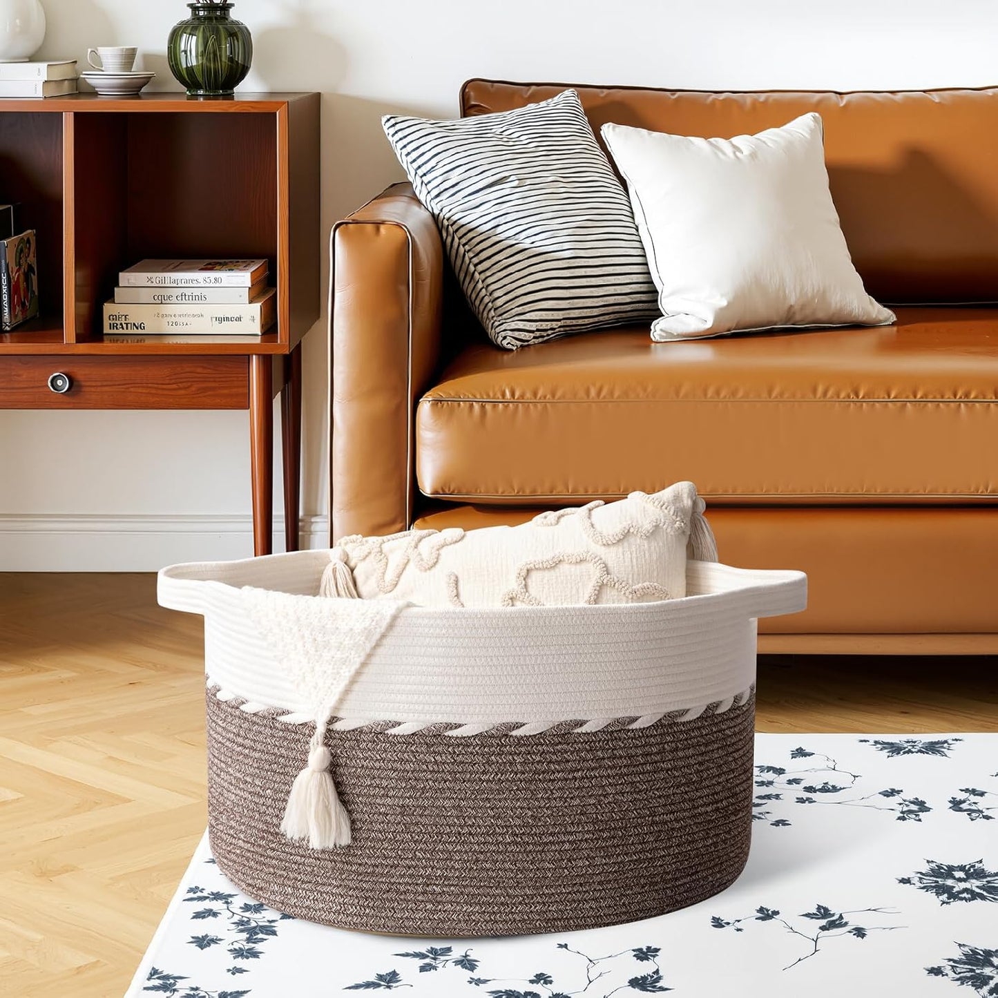 OIAHOMY 90L Blanket Basket - Large 23" x 23" x 13" Storage Solution for Blankets, Toys & Laundry - Brown & White