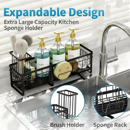 Aurblozen Extra Large Extendable Sponge Holder - Rustproof Kitchen Sink Caddy Organizer | Black