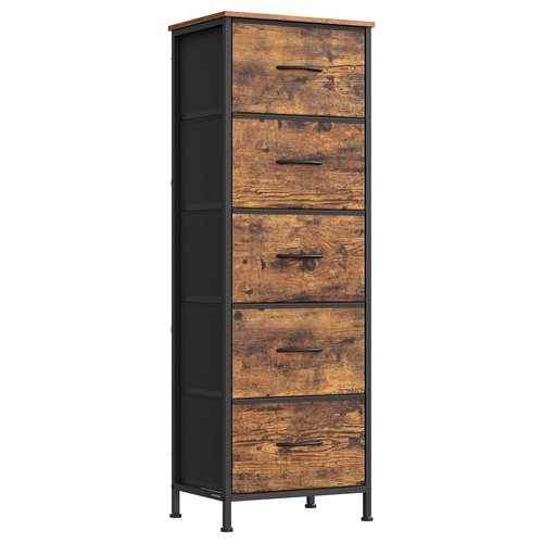 SONGMICS Dresser for Bedroom, Chest of Drawers, Steel, MDF, 5 Non-Woven Fabric Drawers, Storage Organizer Unit, Closet, Entryway, Rustic Brown and Ink Black ULGS315B02S