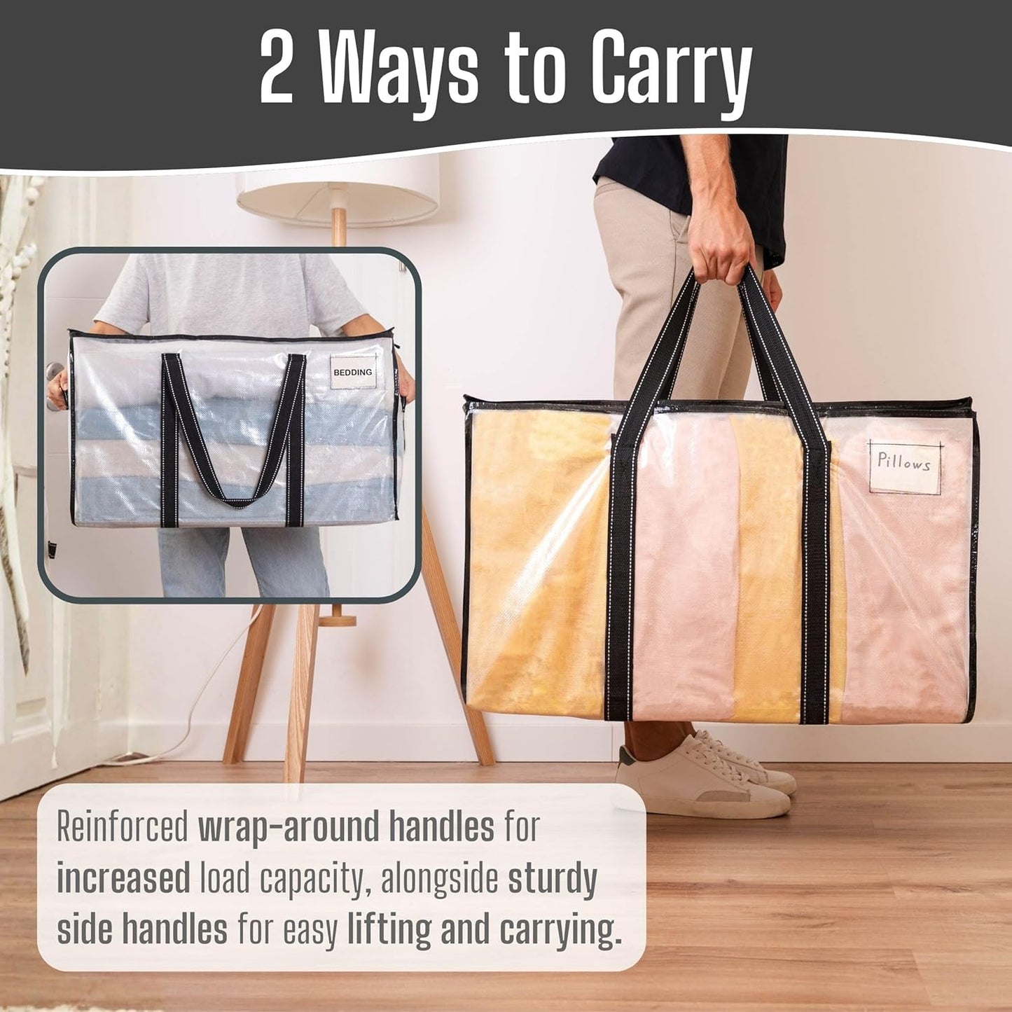 VENO Clear Moving Bags - 90L Extra Large Transparent Storage Totes | Heavy Duty, Reinforced Handles & Zippers
