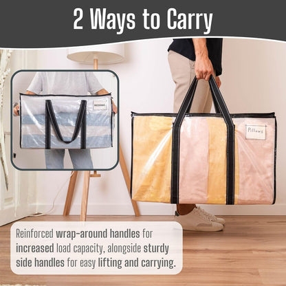 VENO Clear Moving Bags - 90L Extra Large Transparent Storage Totes | Heavy Duty, Reinforced Handles & Zippers