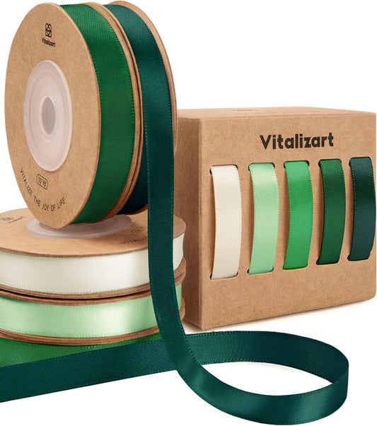 Vitalizart Satin Ribbon - Green & Cream Double-Faced Crafting Ribbon | 3/8" x 50 Yards for Gift Wrapping & Decorations