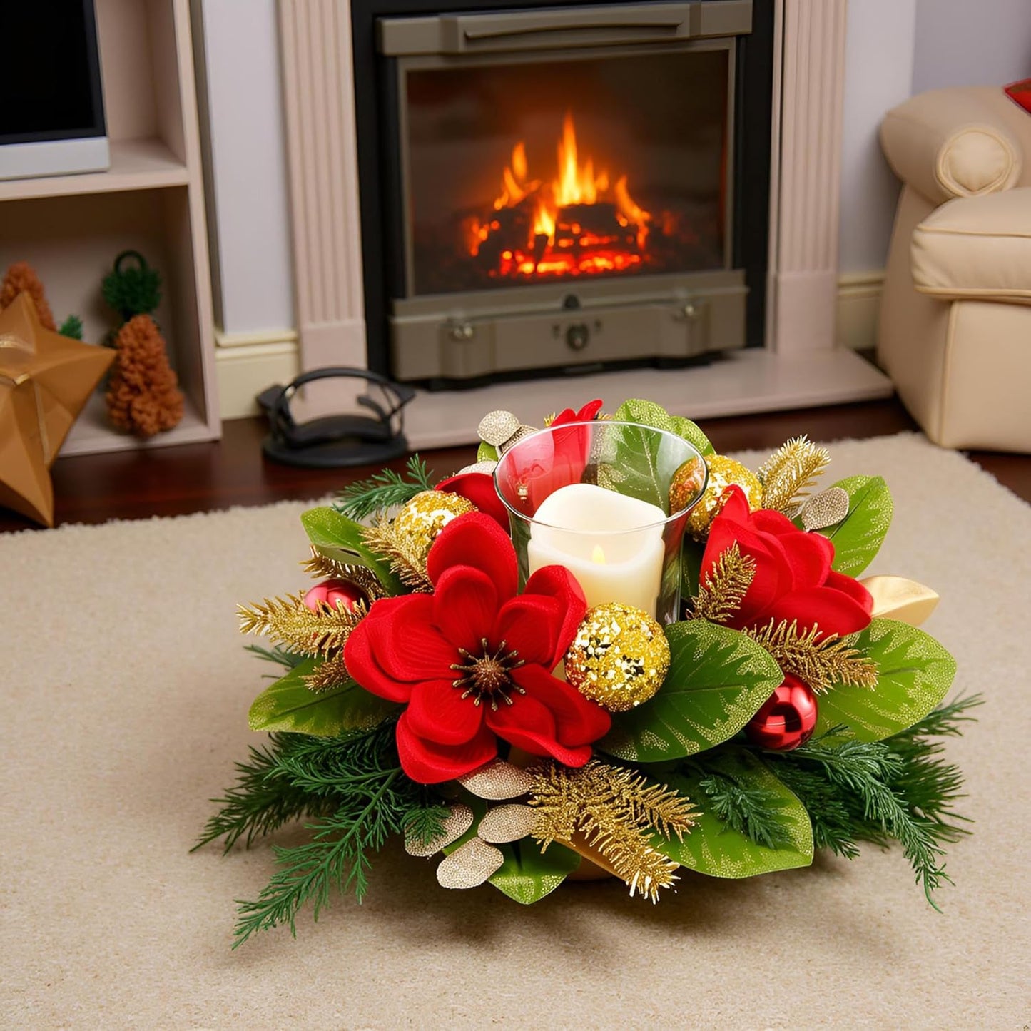 Regine Switzerland 18" Centerpiece - Flameless LED Candle Holder with Red Magnolia & Gold Baubles