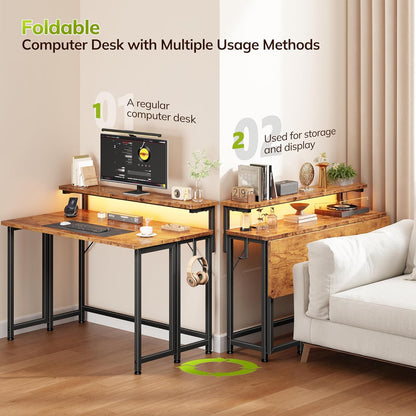 DurayLoly Folding Desk - Compact Computer Desk with Monitor Stand & LED Lights | 31.5 Inch Rustic Brown