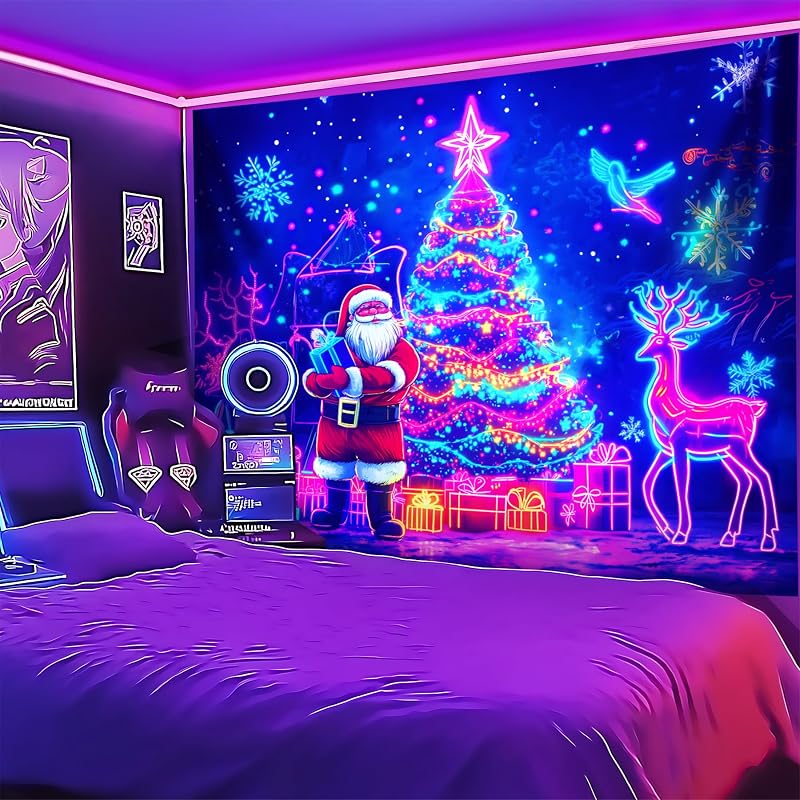 Merry Christmas Blacklight Tapestry – UV Reactive Wall Hanging, 79" x 59" Tree Design