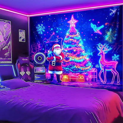 Merry Christmas Blacklight Tapestry – UV Reactive Wall Hanging, 79" x 59" Tree Design