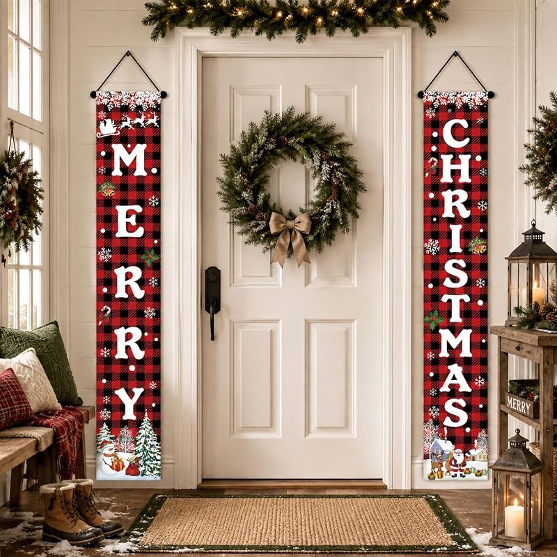 Merry Christmas Porch Banner - Red Buffalo Plaid with Snowman & Santa, Outdoor Door Decor