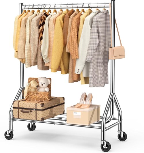 EAGMAK Heavy Duty Clothes Rack - 420 LBS Capacity | Rolling Garment Rack with Lockable Wheels & Shelves (Silver)