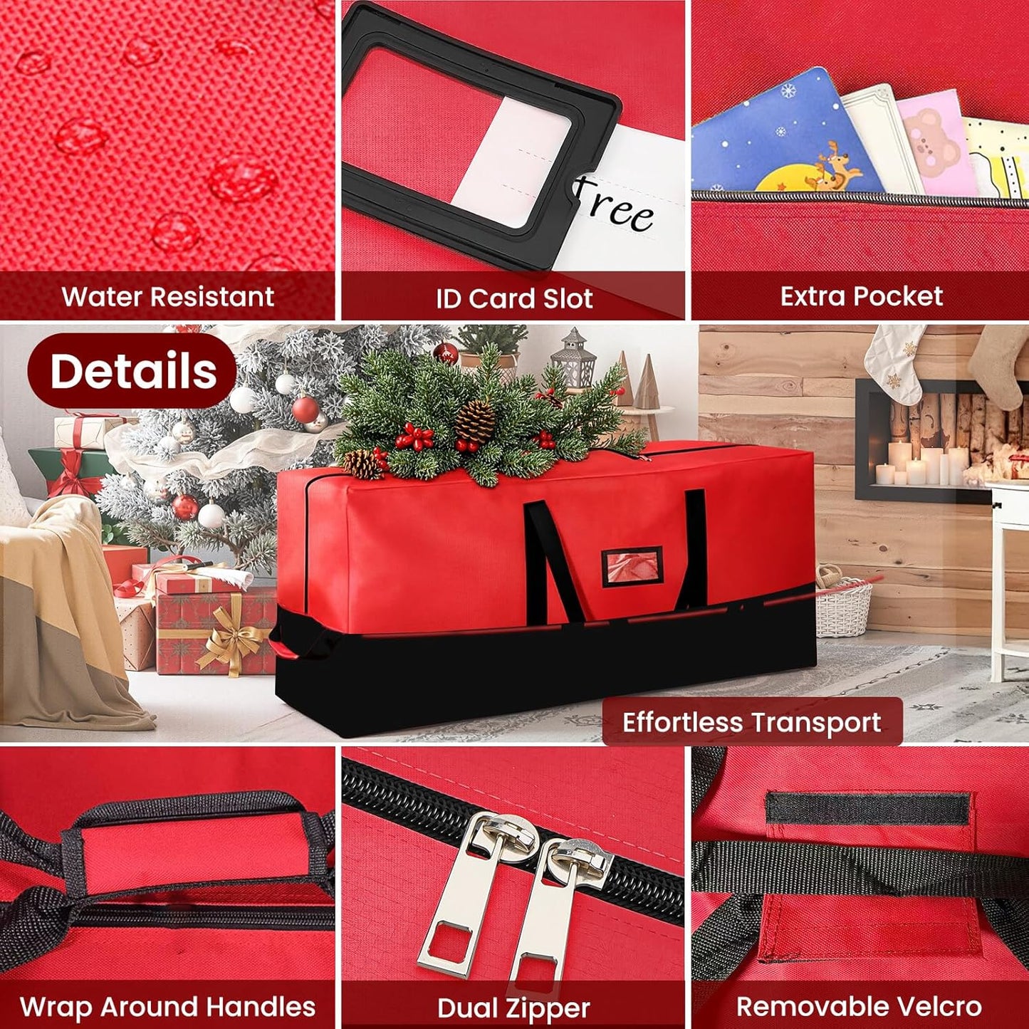 Regine Switzerland Heavy Duty Christmas Tree Storage Bag - Waterproof, Durable Zipper & Handles for Trees Up to 9ft | Black & Red