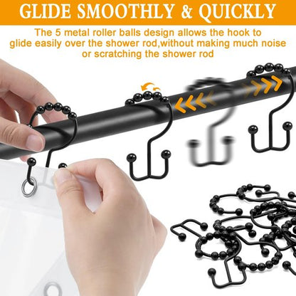 Shower Curtain Hooks, 12 Pcs Rustproof Metal Shower Curtain Rings,Free Sliding Double Shower Hooks for Shower Curtain & Liners, Shower Curtain Hangers for Bathroom Shower Curtain Rods Curtains (Black)