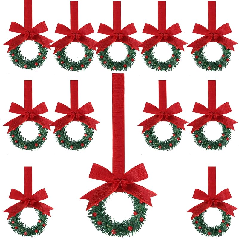 Sggvecsy 8'' Christmas Mini Cabinet Wreath with Red Burlap Bow, 12 Pcs – Red Berry Artificial Wreath for Kitchen Cabinet, Window & Door (Variation: Red)